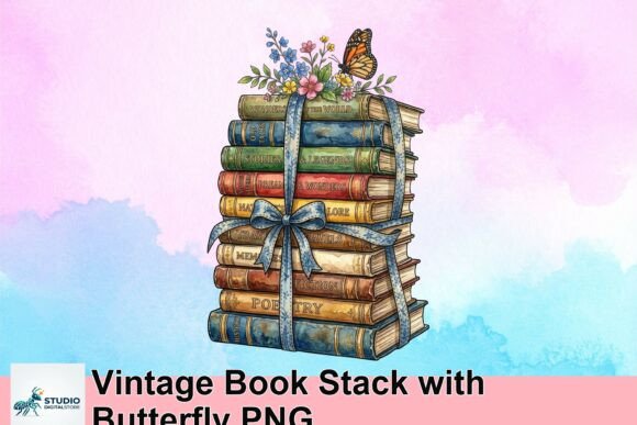 Charming Vintage Book Stack with Butterfly PNG for Designers