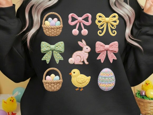 Easter Bunny, Eggs Grid Faux Yarn Tshirt Png